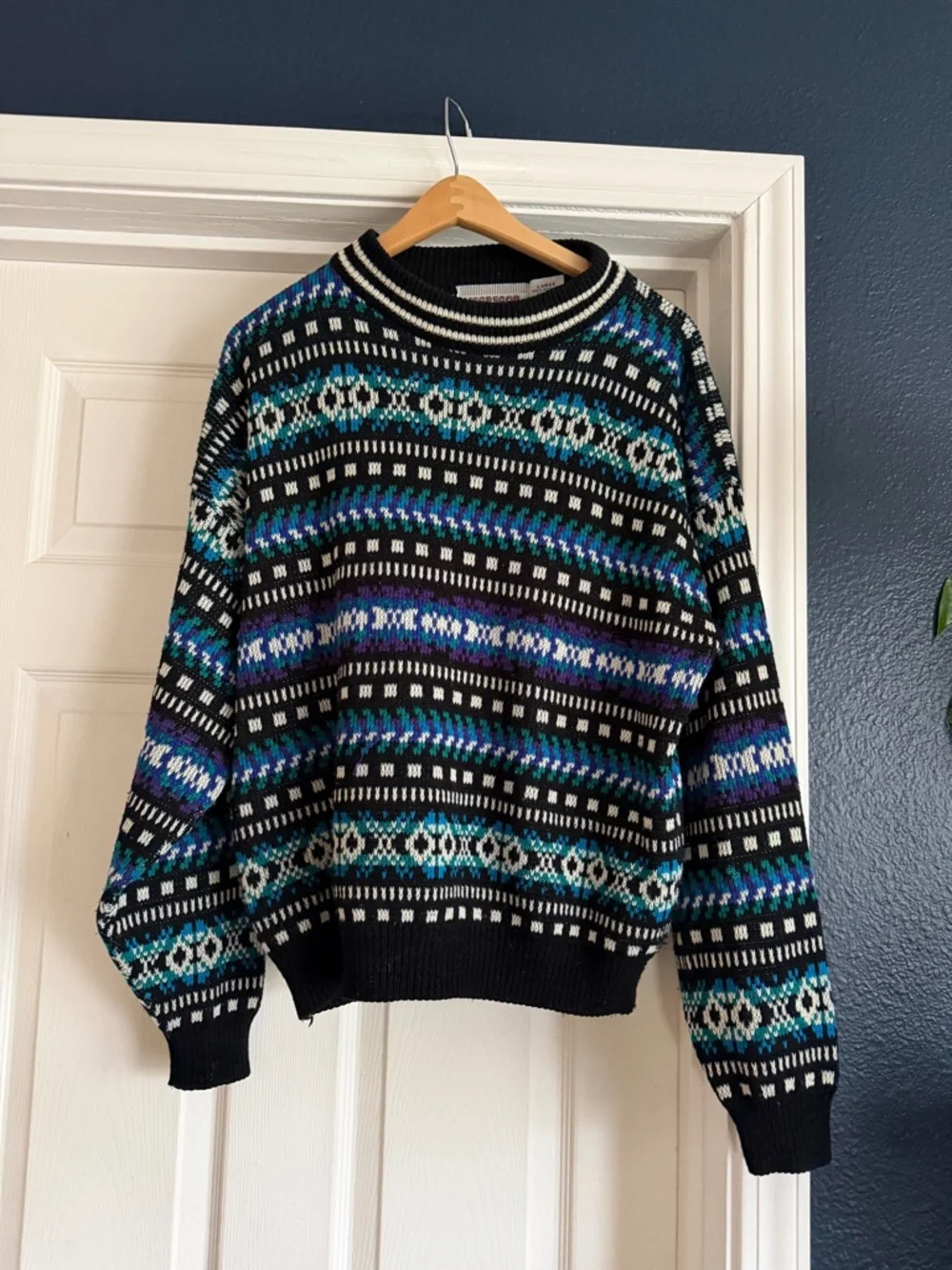 Vintage McGregor Black Crewneck Sweater with Blue, Teal & Purple Fair Isle